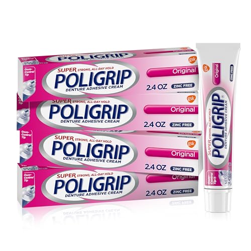 Super Poligrip Original Denture Adhesive Cream, Zinc Free Denture Cream for Dentures – 2.4 Ounces (Pack of 4)